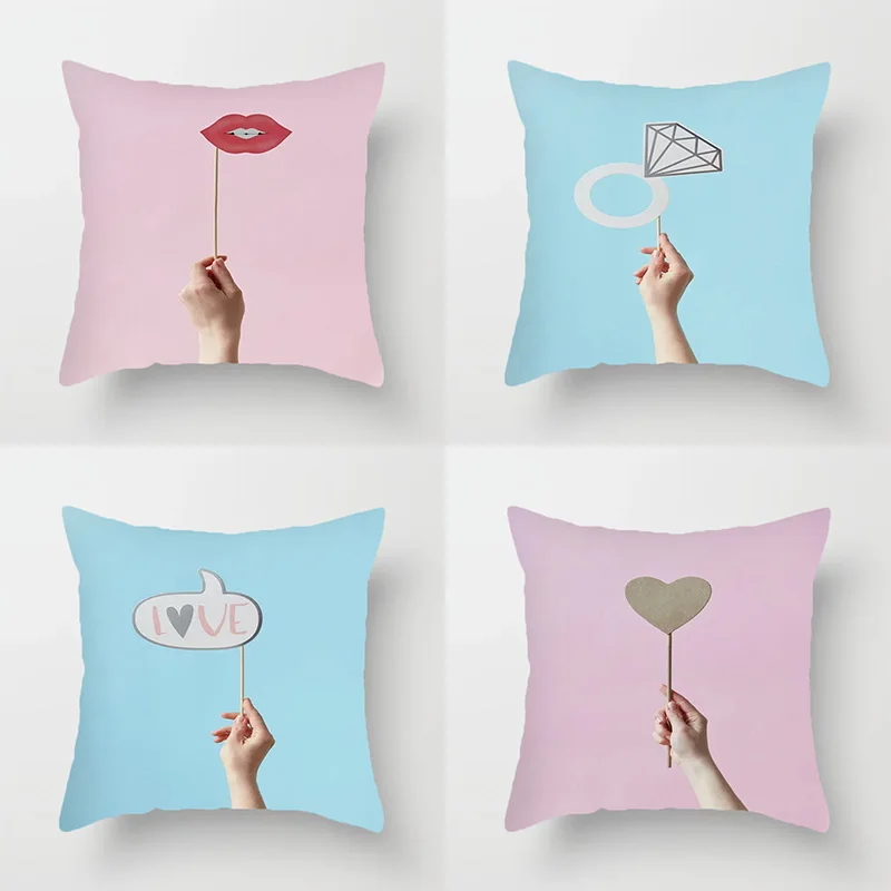 

Creative Finger Pattern Heart Print Decorative Pillowcase Peach Skin Home Decor Cushion Cover Sofa Pillowcase