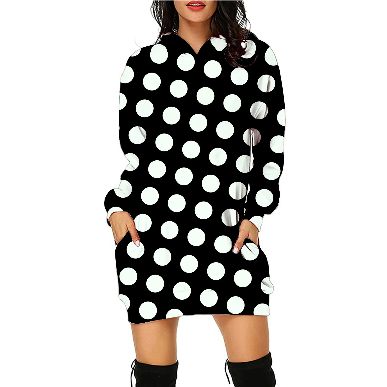 

Long Sleeve Women's Spring and Autumn Hooded Dress Fashion Street Women's Dress Women's Black Polka Dot Print Hooded Dress