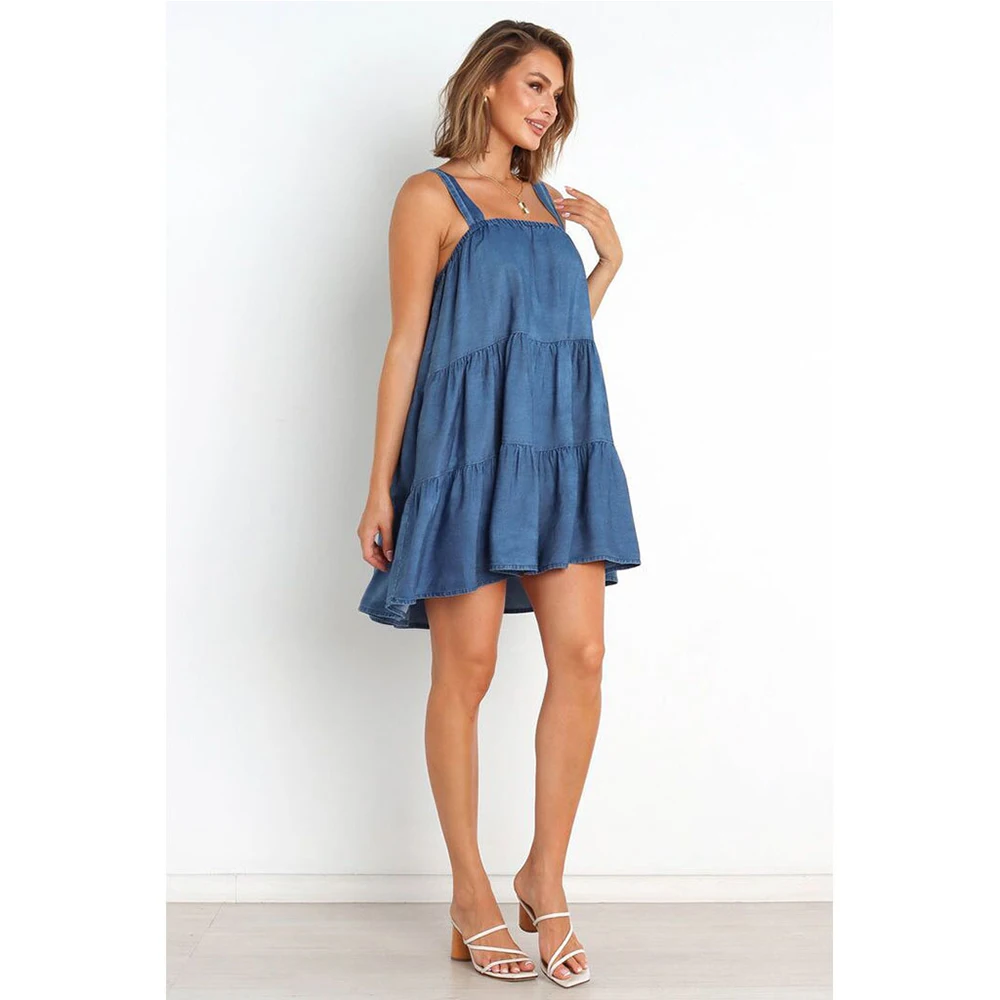 Женское джинсовое платье на бретельках свободное винтажное мини-платье из