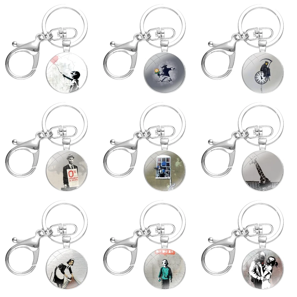 

Keychains Handmade Glass Cabochon Alloys Key Rings Banksy Street Art Cartoon Creative Design Fashion