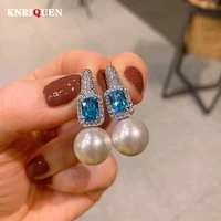2022 trend charms 12mm pearl ruby aquamarine stone lab diamond drop earrings for women party wedding fine jewelry birthday gifts