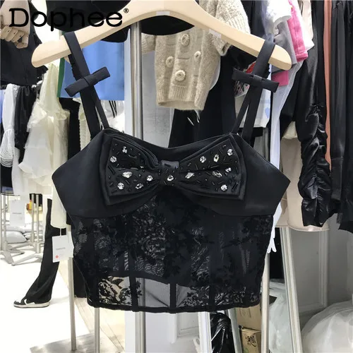 

Suspenders Strap Top for Women 2022 Summer New Sexy Perspective Mesh Stitching Diamond Bow Sexy Camisole Black Tanks Femme