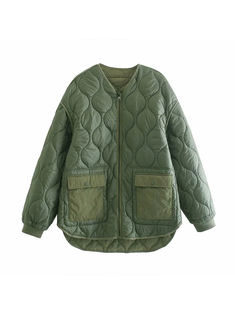 

Women 2021 Fashion Double-sided Wear Padded Jacket Coat Vintage Long Sleeve Pocket Female Outerwear Chic Tops