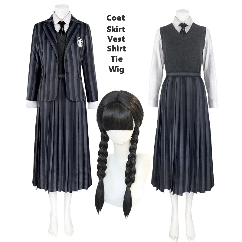 

Wednesday Addams Family Cosplay Costume Schoolgirl Nevermore College School Uniform Adult Kids for Halloween Role Play Party