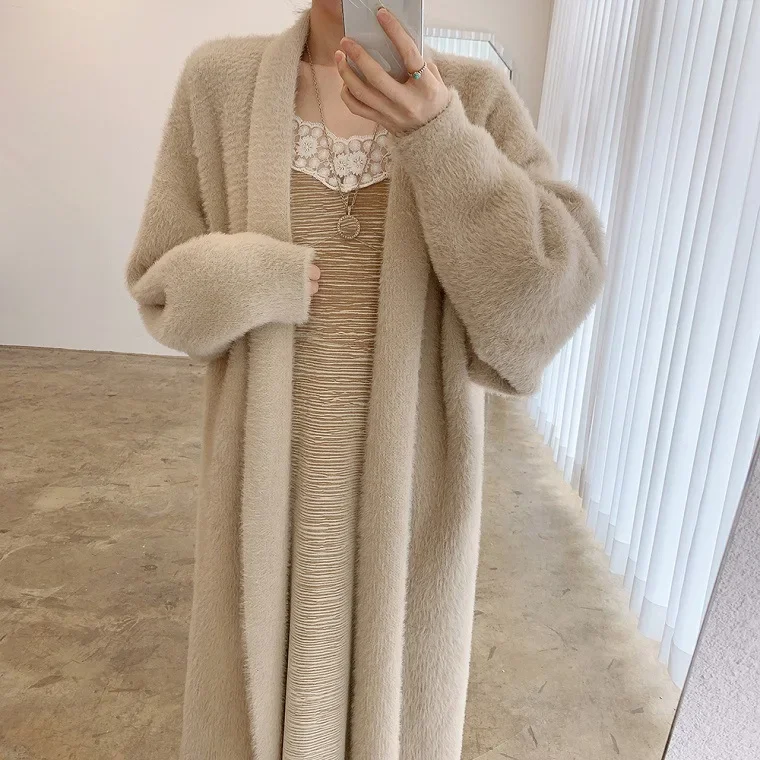 

Korean Long Cardigan Coat Women Cashmere Solid Knitted Sweet Fluffy Long Sleeve Autumn Winter Warm Female Jacket Sweater Outwear