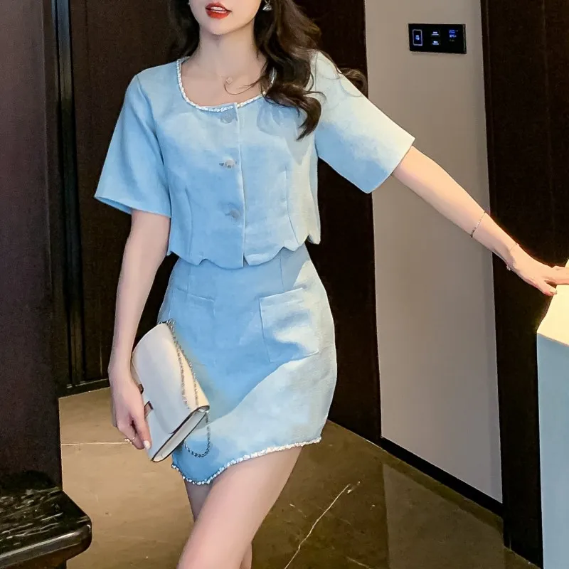 

Женский комплект из двух предметов, однотонный тонкий пиджак и Асимметричная мини-юбка, французская мода, летние костюмы