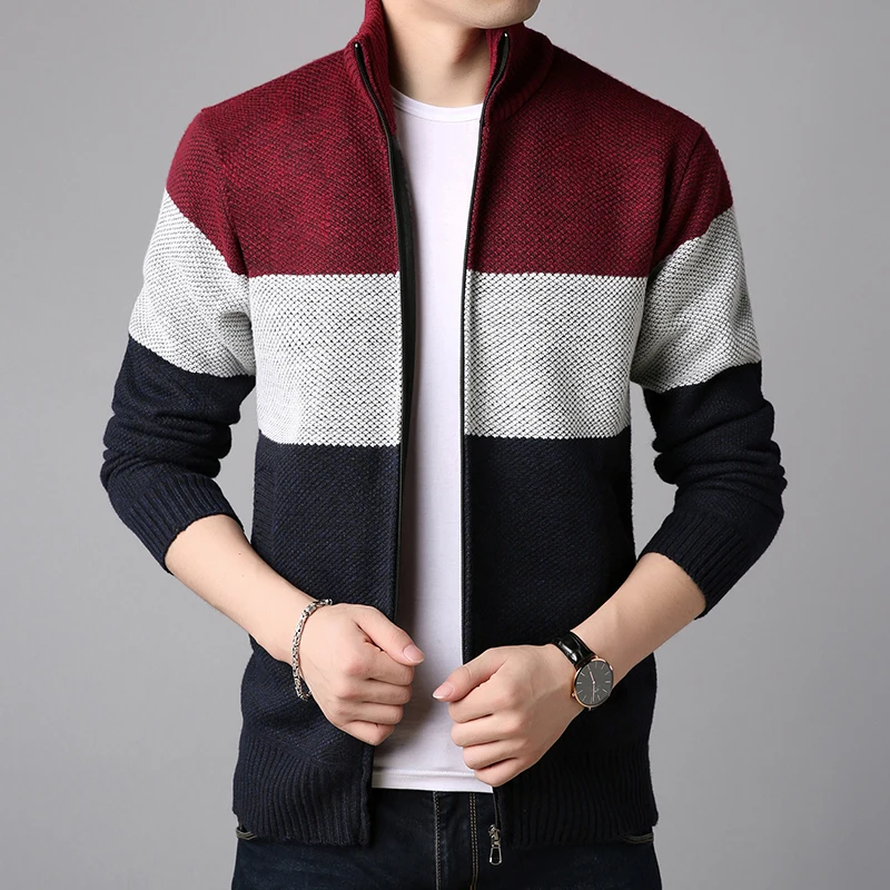 Men's Autumn and Winter Stitching Sweater Knitted Casual Cardigan Coat Long-sleeved Stand-up Collar Slim Fit New Comfortable