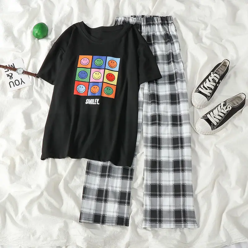 

Summer Harajuku Women Tracksuit Top & Wide Leg Pant Two Piece Set Short Sleeve T-shirt Pants Suit Female Casual Outfits X267