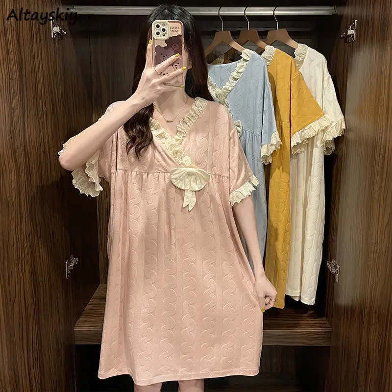 

Nightgowns Women Sweet Summer Short Sleeve Lace Soft Homewear V-neck Fashion Korean Style Chic Casual Simple Sleepwear Loose New