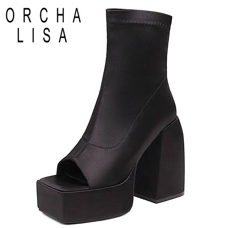 

ORCHA LISA Fashion Women Summer Boots Open Toe Chunky Heels 12cm Platform 5cm Zipper Big Size 34-43 Solid Party Shoes Sexy S4126