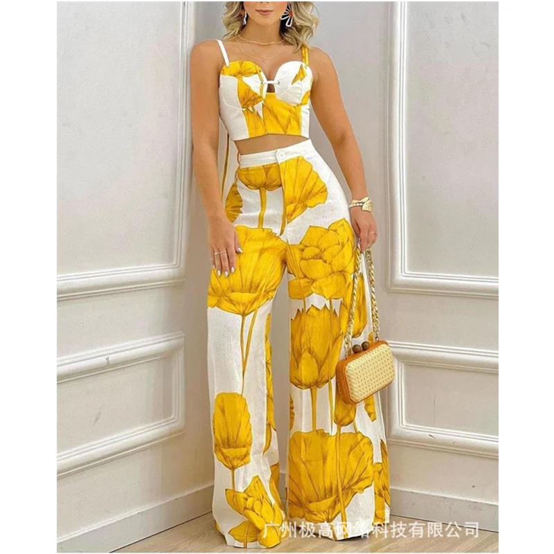 

Women Casual Strap V Neck Crop Top High Waist Wide Leg Pants Two Piece Set Outfits Women Elegant Fashion Floral Print Tracksuit