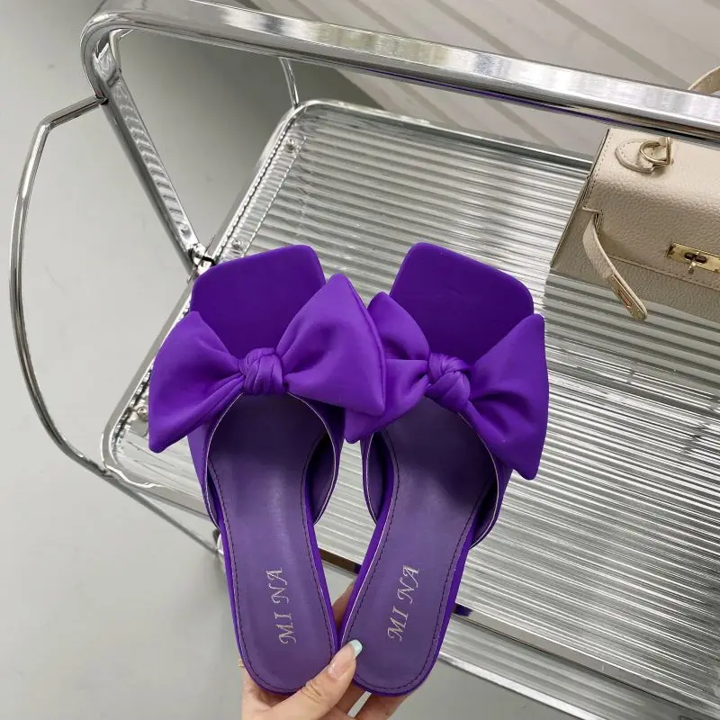 

2022 Summer New Stiletto Slippers Women's Slippers Wear Square Head Bow Knot Floppy Slippers Fashion Temperament Sandals