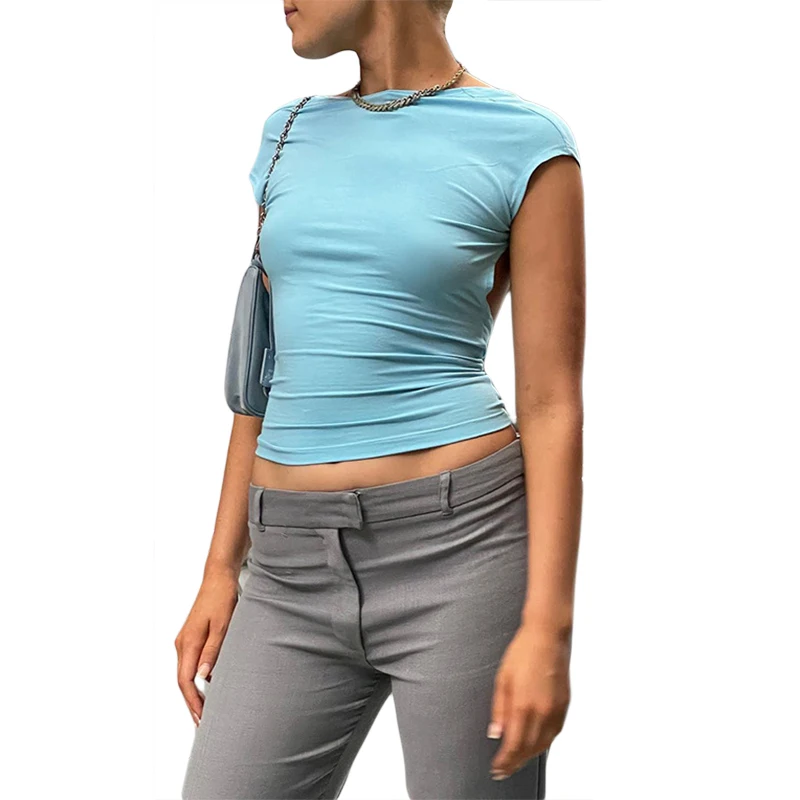 

Women's Crop Tops Female Short Sleeve Solid Color Fashion Pullover Front Back Reversible Tee T-shirt, Red/Blue