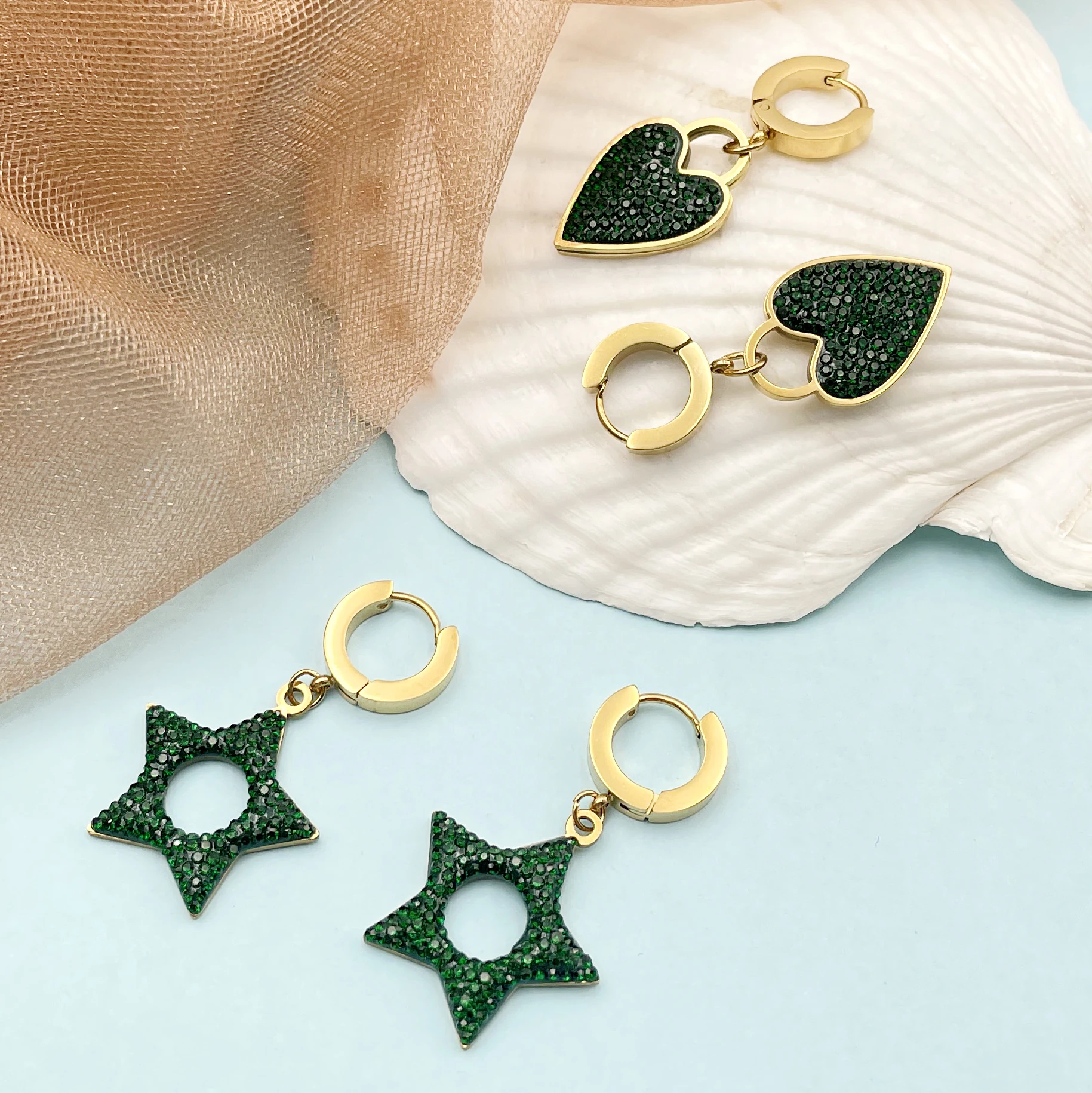 

New Trendy Star Love Heart Shape Charm Steel Earrings For Women Cubic Zircon Gold Color Hoop Earrings Pendientes Top Quality