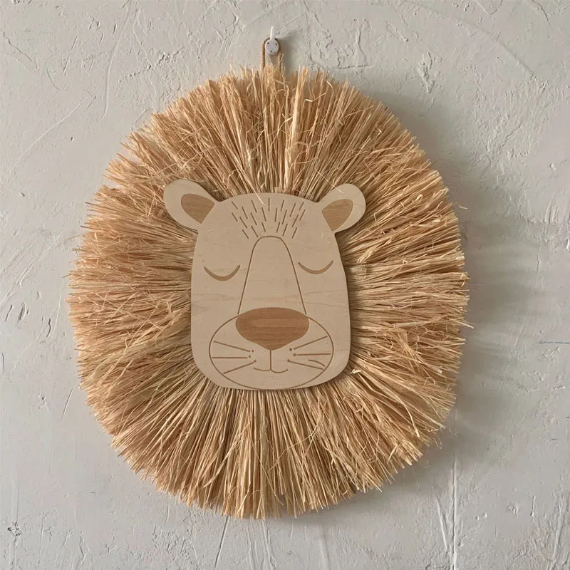 

Nordic Handmade Lion King Wall Hanging Decor Boho Woven Grass Straw Animal Tassel Art for Nursery Baby Children Room Home Decor