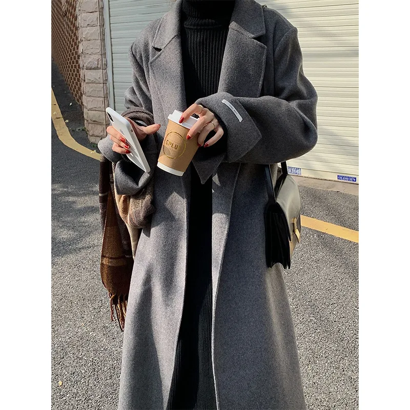 

Business Women Elegant Maxi Long Wool Overcoat 2023 Fall Winter New Plain Belt Double-face 100% Wool Jacket Female Warm Outwear