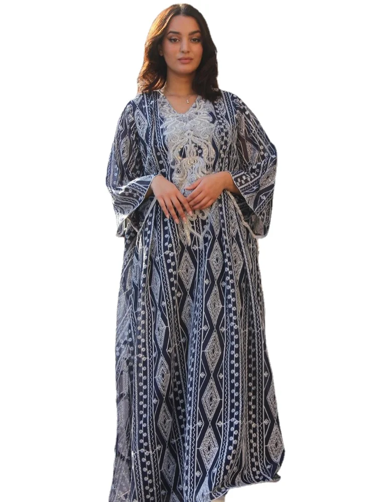 

Blue Dress Women Chiffon Silvery Sequins Embroidery Luxury Elegant Party Formal Long Sleeve Maxi Evening Dress 2023