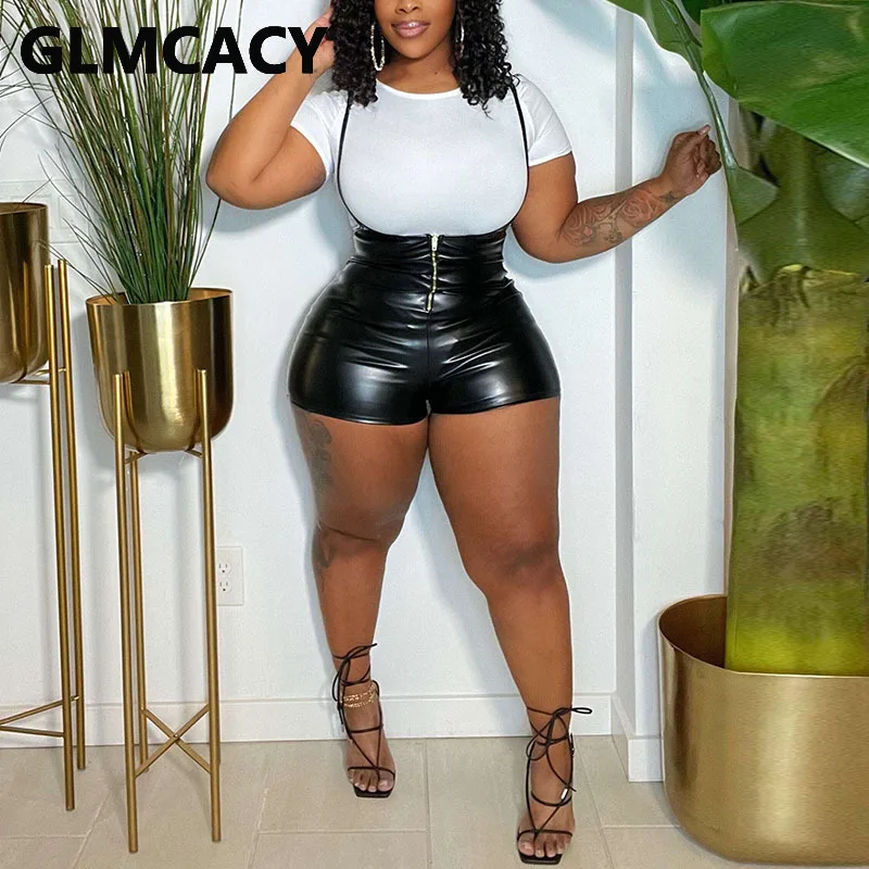 

Women Two Piece Skinny Suits Short Sleeve Shirt Tops & PU Leather Bib Shorts Set
