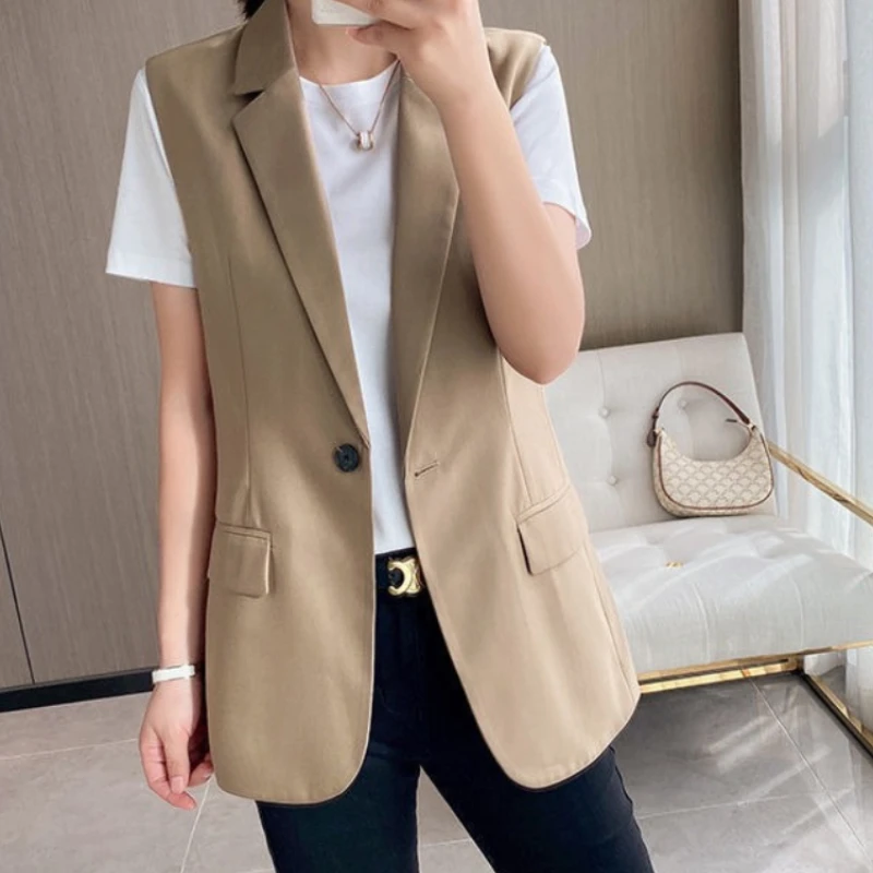 

Летняя куртка, жилет, повседневная куртка, воротник, офисный Женский блейзер с отложным воротником, модное однотонное пальто, черный женский жилет без рукавов на пуговицах