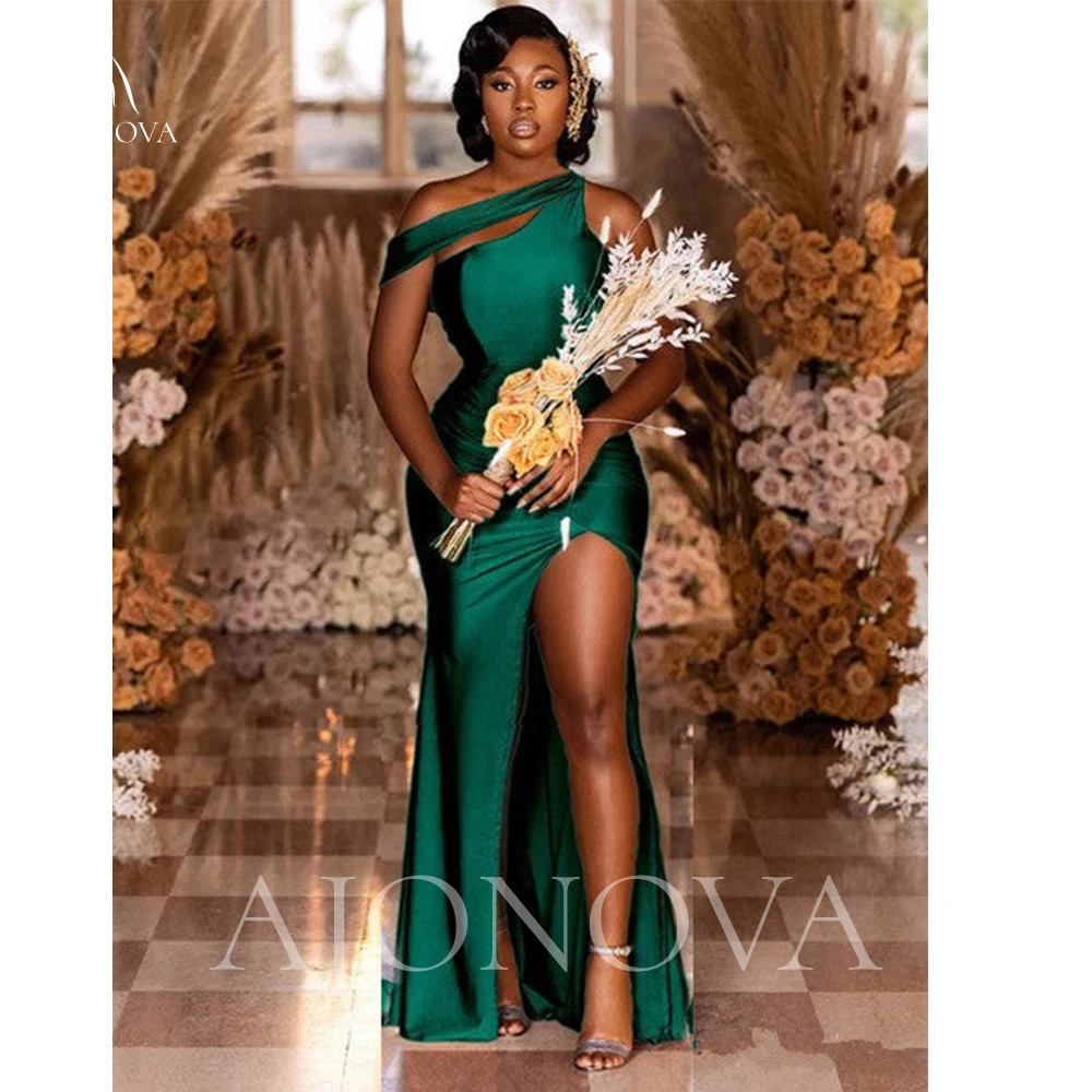 

Hunter Green Satin Bridesmaid Dress Woman Mermaid Wedding Evening Dress for Wedding Party Formal One Shoulder Elegant Gowns Robe