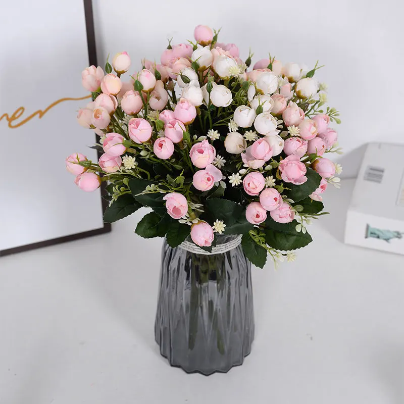 

Simulation of small roses, simulation of green buds, multi-headed bunches of small flowers, decorative ornaments, silk flowers