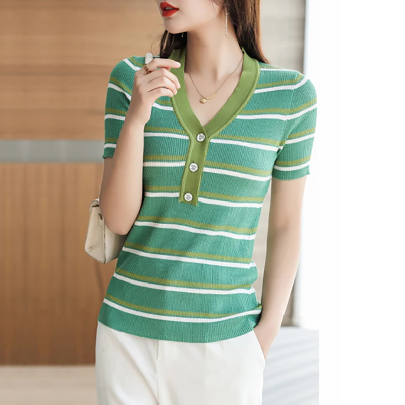 Camisetas De Mujer Knitted Striped T Shirt Women Summer 2022 Button T Shirts  Womens Tops Short Sleeve Tee Shirt Woman Clothes - купить по выгодной цене  | AliExpress