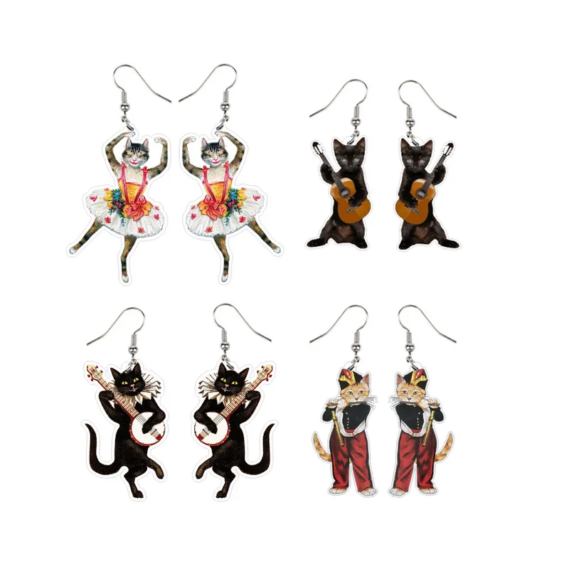 

Anime Cute Flute Playing Guitar Black Cat Ballet Dance Kitten Acrylic Print Animal Earrings For Women