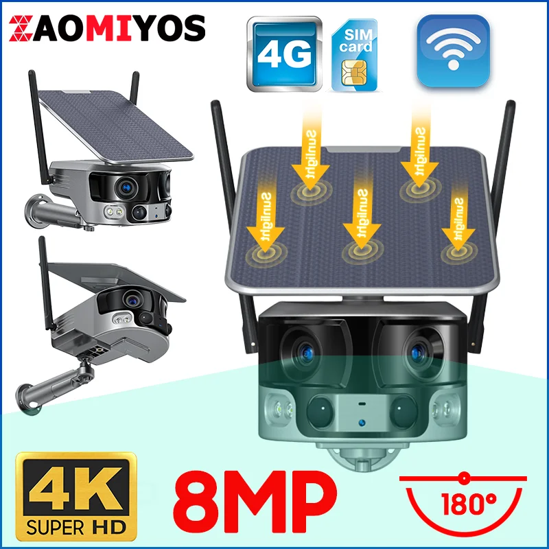 

ZAOMIYOS 4G Sim Card/WIFI 180° Ultra Wide View Angle Solar Camera Outdoor 8MP Dual Lens 4X Zoom Human Detection Security Camera