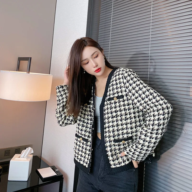 Plaid Patchwork Fashion Fall Winter Women Coat Full Sleeves V-Neck Elegant Office Work Lady Short Jackets Clothing