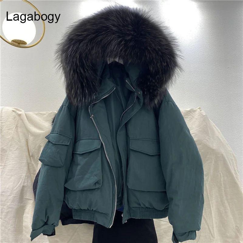 Raccoon 2023Winter Fur Coat Women Female Big Thick Warm Loose Short Parka 90%White Duck Down Jacket Hooded Snow Outwear