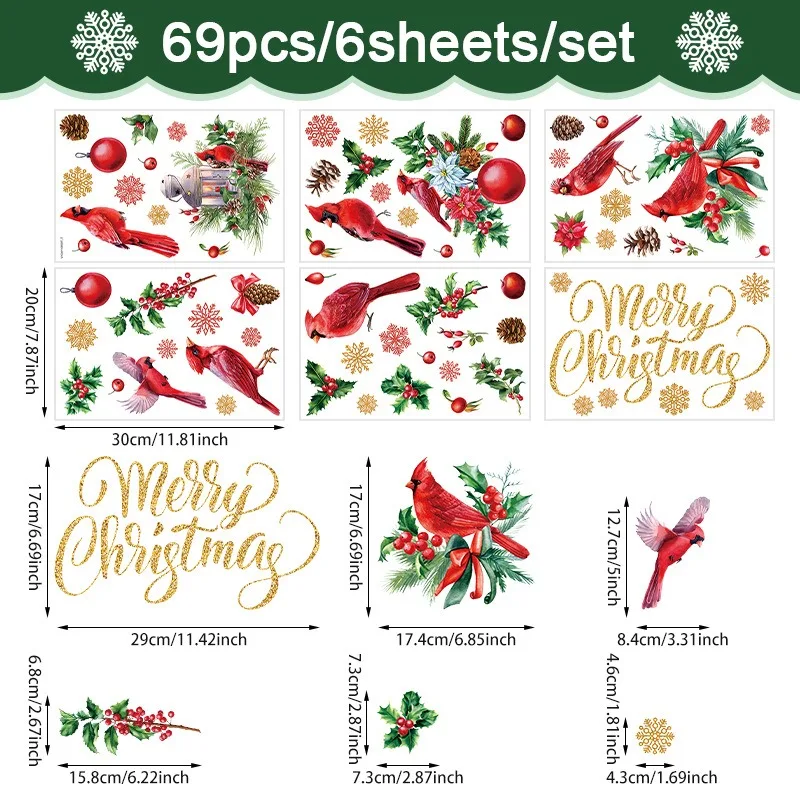 Рождественские наклейки на стену красные фрукты птицы окна праздничные
