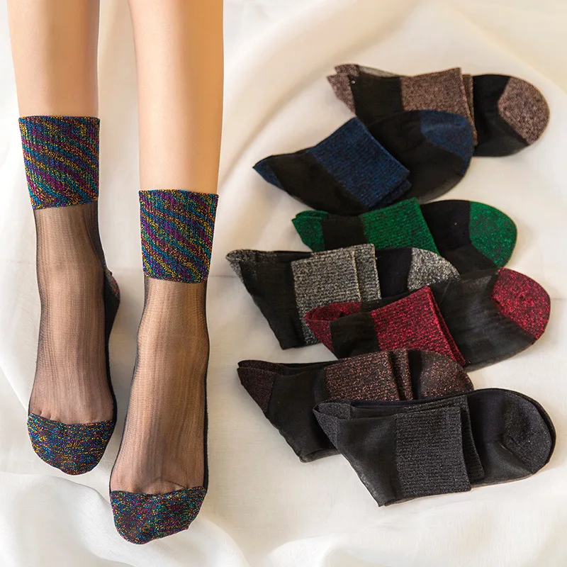 5 цветов, женские эластичные носки без пятки, модные тонкие прозрачные шелковые кружевные носки, блестящие прозрачные эластичные мягкие удо...