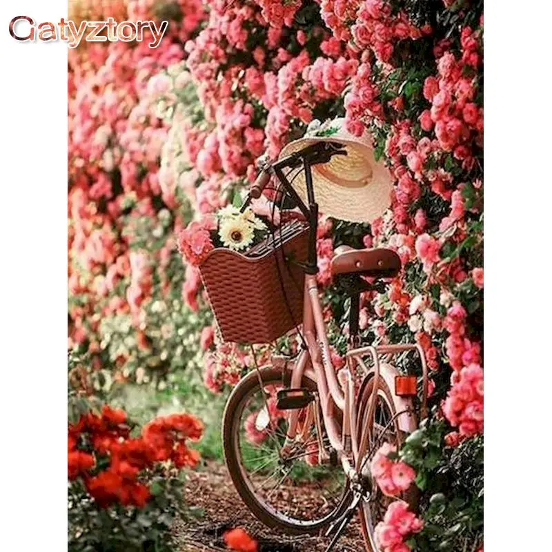 

GATYZTORY Painting By Numbers Kits For Adults Children Pink Flower Bicycle Landscape Oil Picture By Number Modern Home Wall Craf