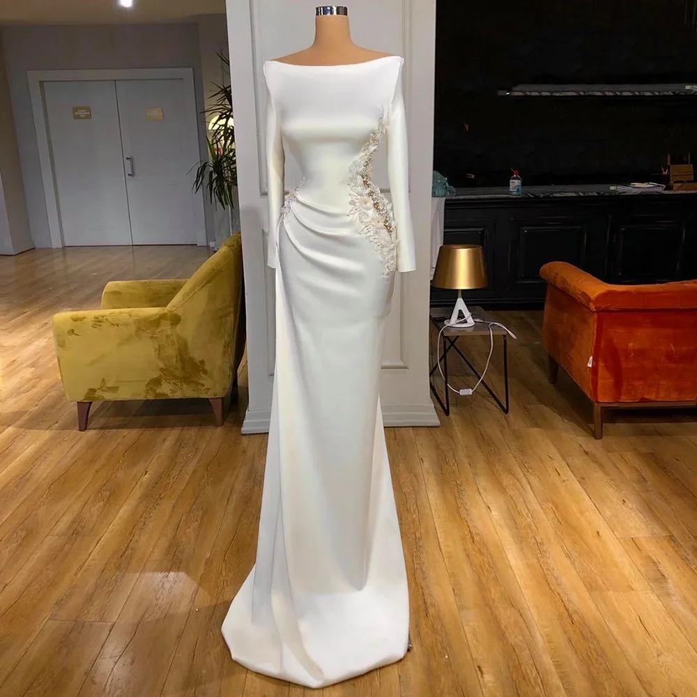 

Elegant Evening Dress Long Sleeves Bateau Modest Mermaid Wedding Evening Gown Sparkly Beading Pearls Flower Illusion Formal Gown