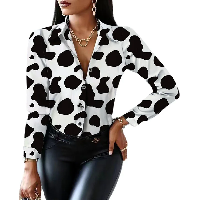 

Milk Paw Dot Print Spring Fall Blouse for Women Tops Mujer Vintage Office Lady Long Lseeve Button Up Shirt Blusas De Mujer