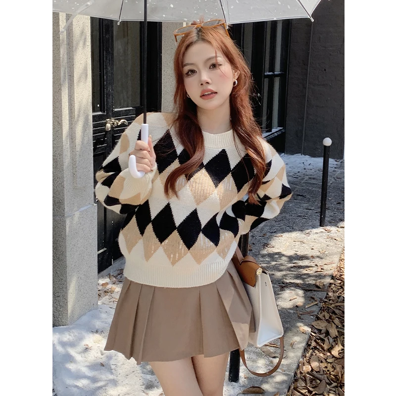 

Pullover Women 2022 Autumn and Winter New Japanese Sequins Stitching Diamond Round Neck Long Sleeve Short Sweater Top Female