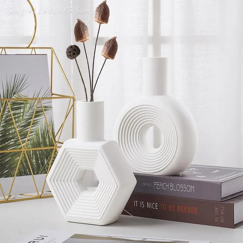 

White Ceramic Vase Geometric Hollow Shape Flower Vase Flower Arrangement Accessories Room Decoration Vases Pots Terrarium