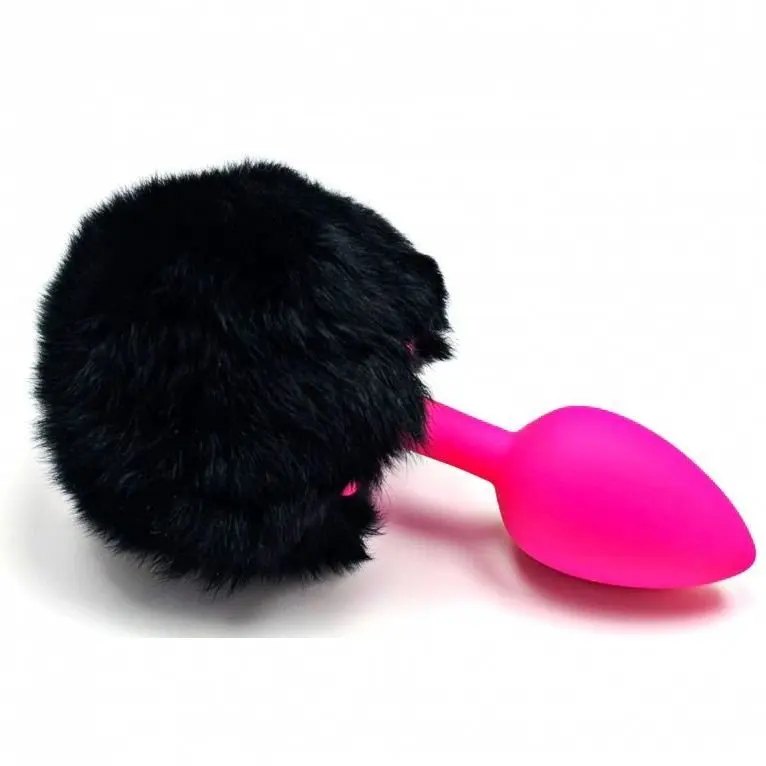 Розовая анальная пробка с пушистым черным хвостиком зайчика |