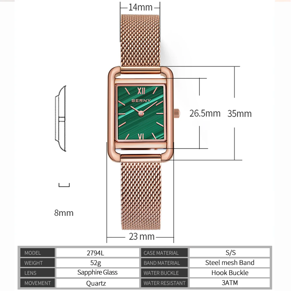 BERNY Miyota Green Women Watch Square Sapphire Ladies Quartz watch Waterpoof Stainless Steel Bracelet Rose Gold Watch For Women