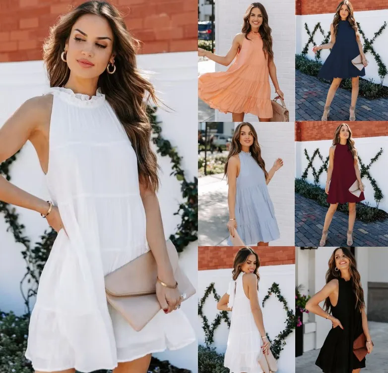 

2022 Women Spring Summer Ruffles O Neck Collar Loose Big Hem Solid Color Dress Solid Color Sexy Sleeveless Mini Dress