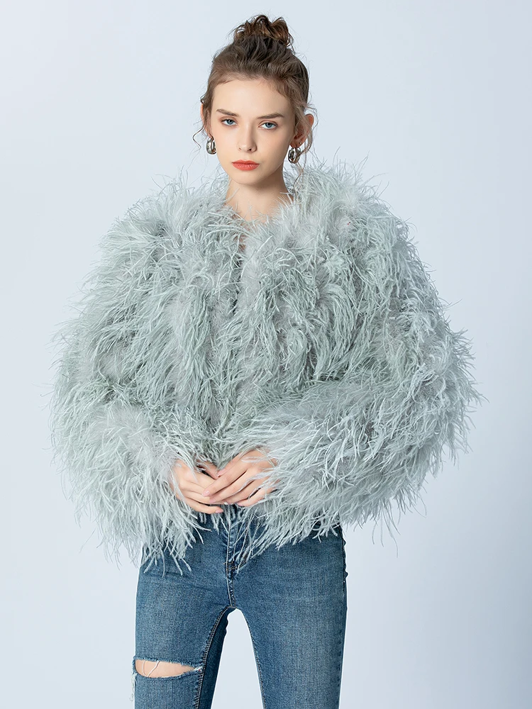 Female Real Fur Ostrich Feather Coats Long Sleeve Fur Jacket Ladies Crew Neck 100% Natural Fur Coat Women Spring Autumn Clothes enlarge