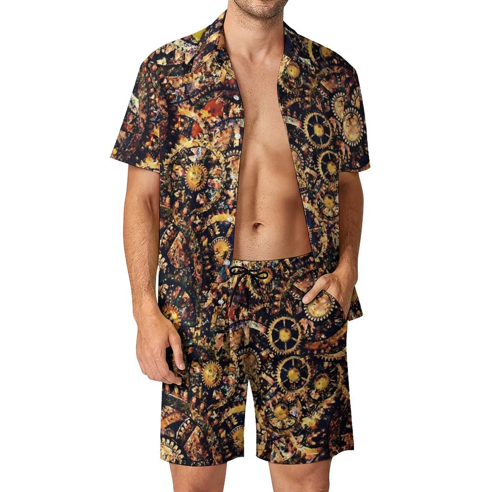 

Steampunk Gear Art Men Sets Golden Cogwheel Casual Shorts Summer Vintage Beach Shirt Set Short Sleeve Design Oversized Suit Gift