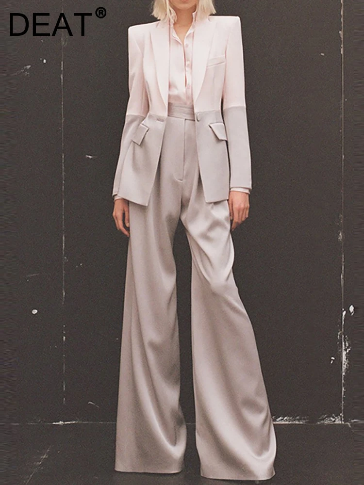 

DEAT Fashion Women's 2 Pcs Set Notched Collar Single Button Contrast Color Spring Blazer Waist Pants Suits 2023 New 17A6497