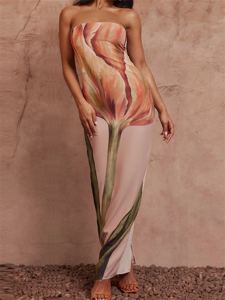 Винтажное женское летнее длинное платье CHRONSTYLE с цветочным принтом без бретелек