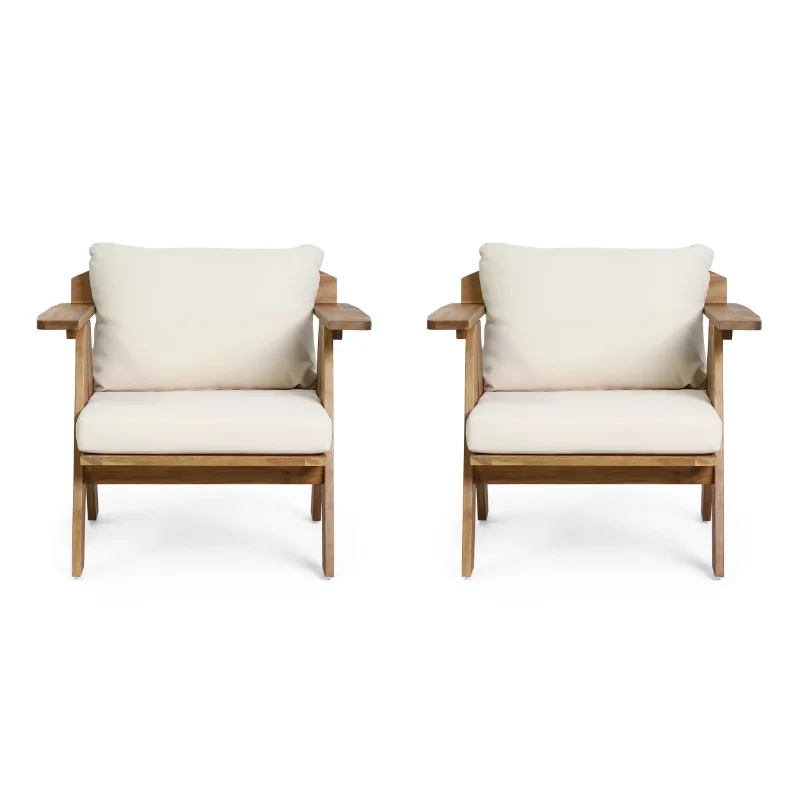 

McClure Acacia Wood Outdoor Club Chairs with Cushion, Set of 2, Teak and Beige