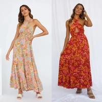 bohemian floral dress sleeveless halter long dress boho beach ruffle dresses ladies party casual fashion maxi vacation dress