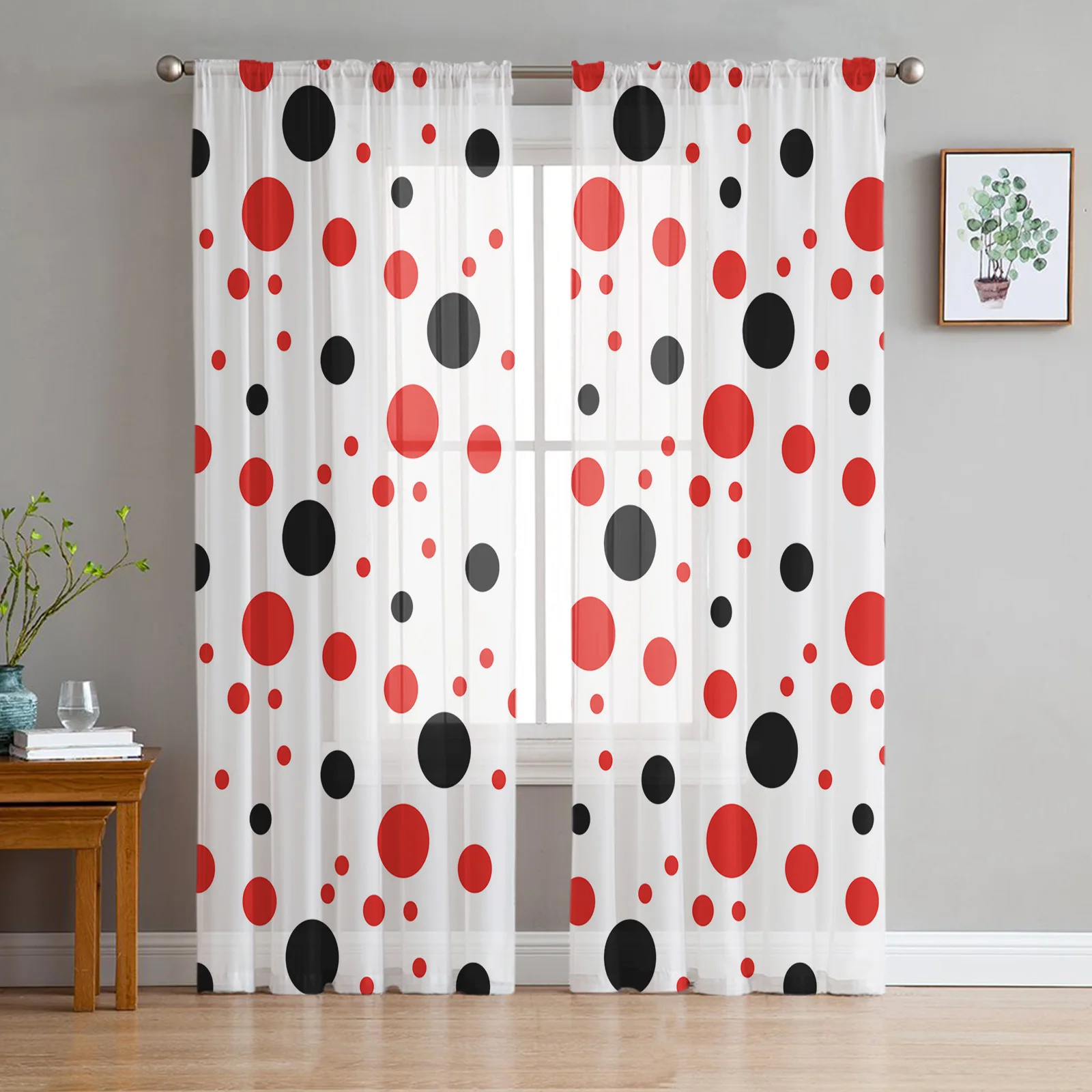 

Red And Black Dots White Sheer Window Curtains Bedroom Modern Chiffon Drape Tulle Valances Living Room Kitchen Voile Curtain