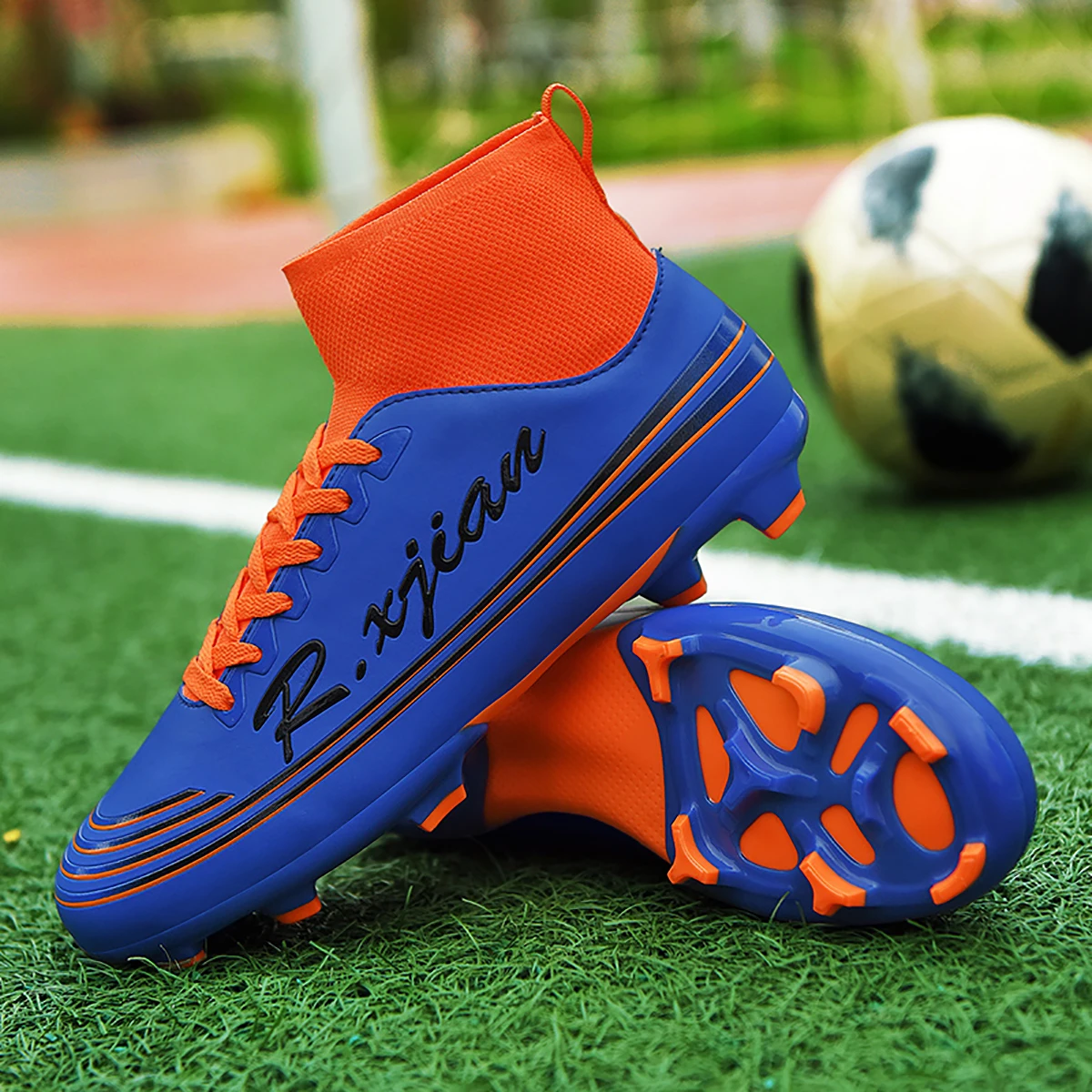 R.xjian High Ankle 36-46 Soccer Shoes Men  Large Size   Outdoors Training Football Boots Non-slip Indoor Cleats Kids