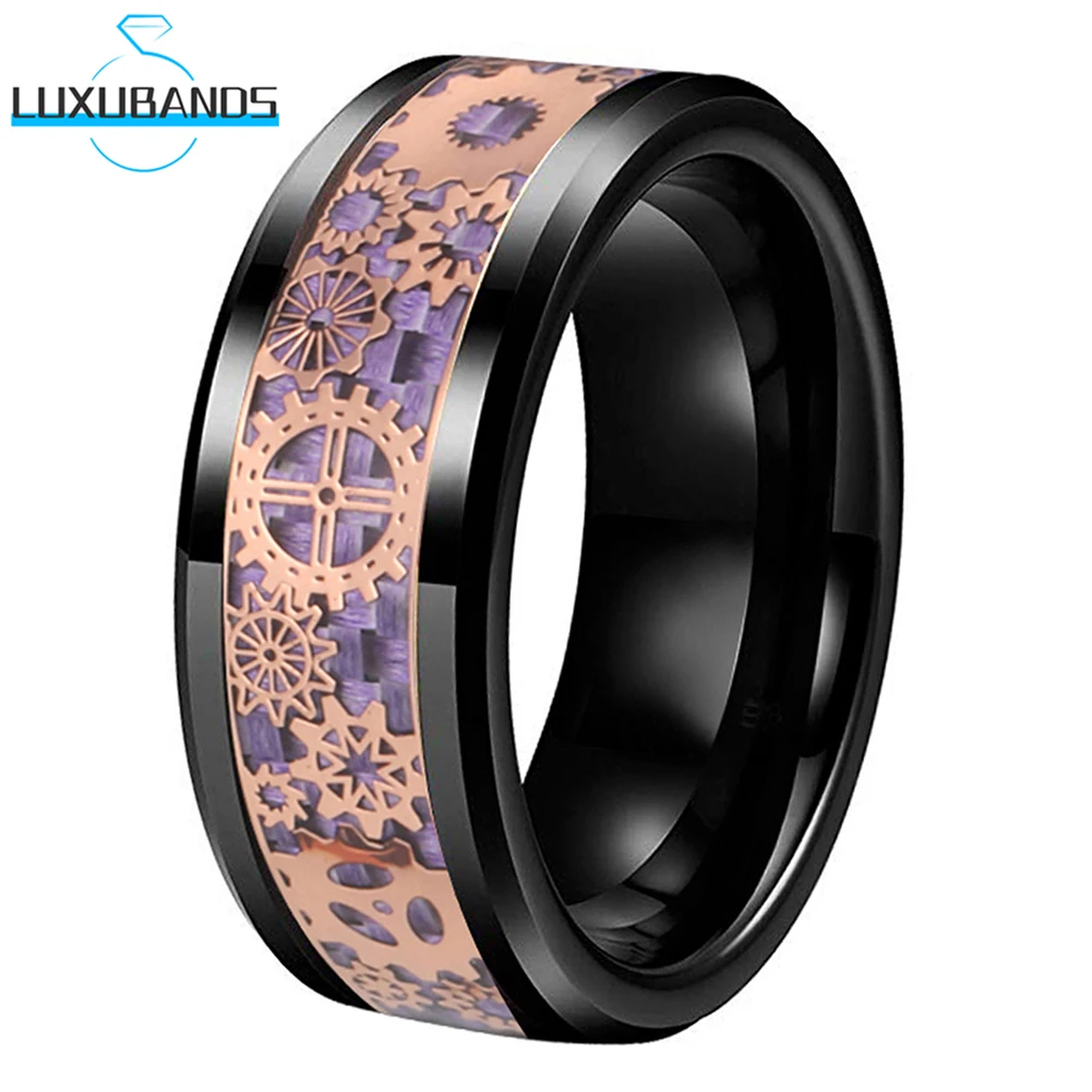 

Черные мужские женские мужские вольфрамовые свадебные браслеты 8 мм 6 мм скошенная розовая Золотая Шестерня фиолетовая инкрустация из угле...