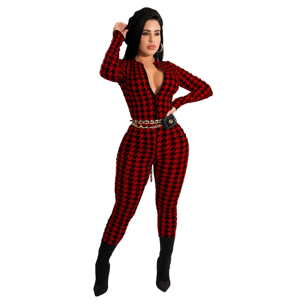 

Elegant Long Sleeve Women Jumpsuit Print Bird Lattice Sexy Skinny Tops Streetwear Party Office Ladies Slim Bodycon Long Romeprs